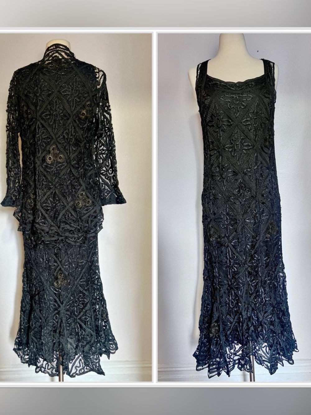 Soulmates Black Hand Crochet Silk Ribbon Work Maxi Dress & Matching Bolero Lg